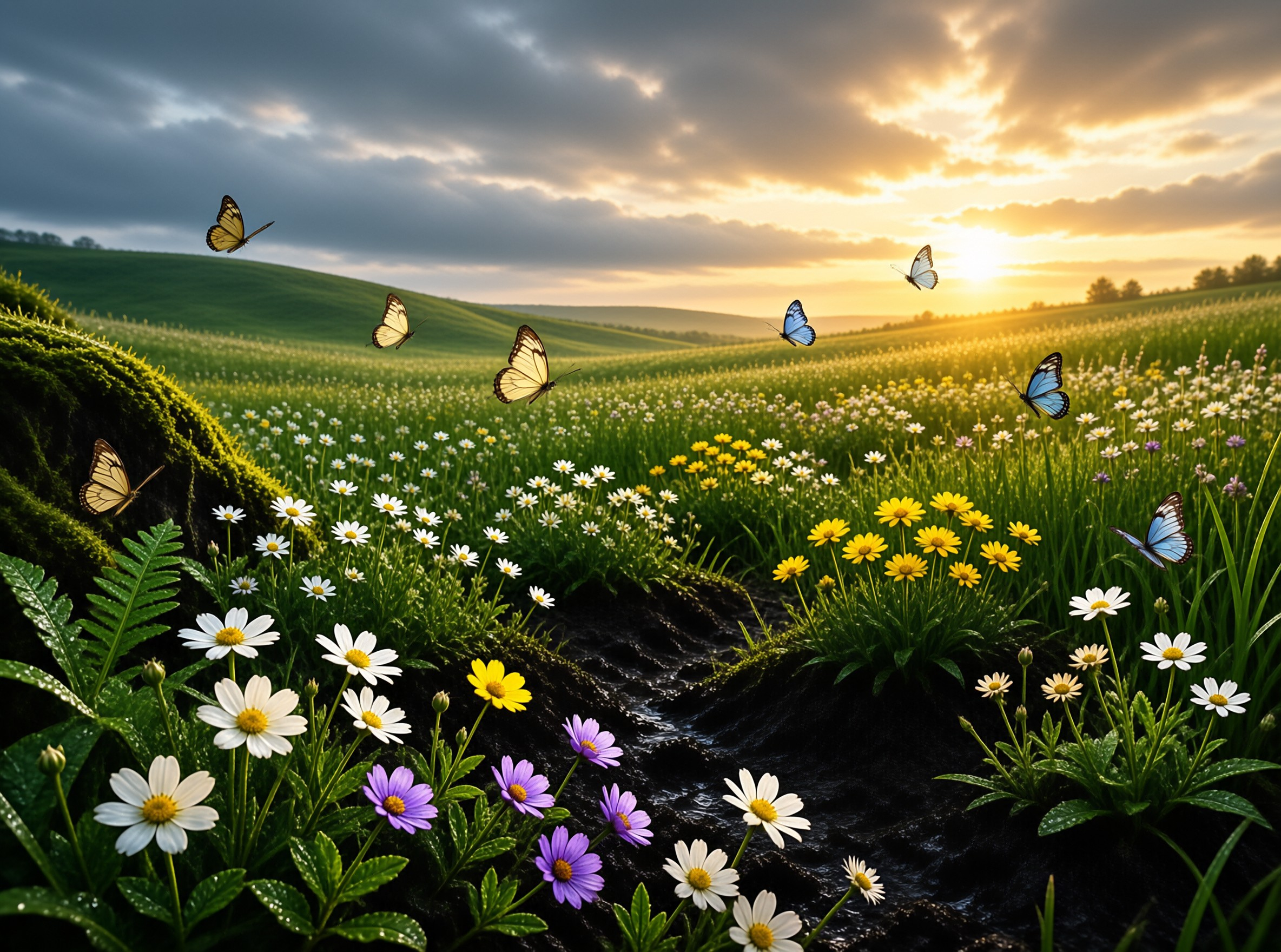 Daisies and purple blooms fill a green hillside meadow while butterflies drift through golden evening light