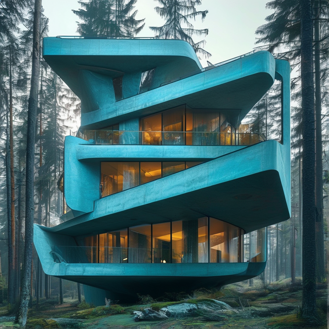 Curved Cyan Forest House