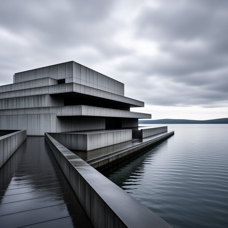 Stacked grey concrete slabs of a modernist building meet calm lake water under a heavy overcast sky.