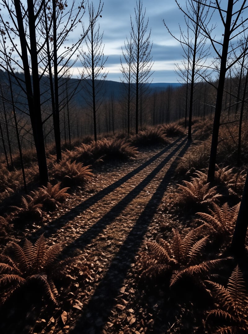 A dirt trail winds through a wooded area where tall trees cast dark stripes across the ground covered in brown ferns.
