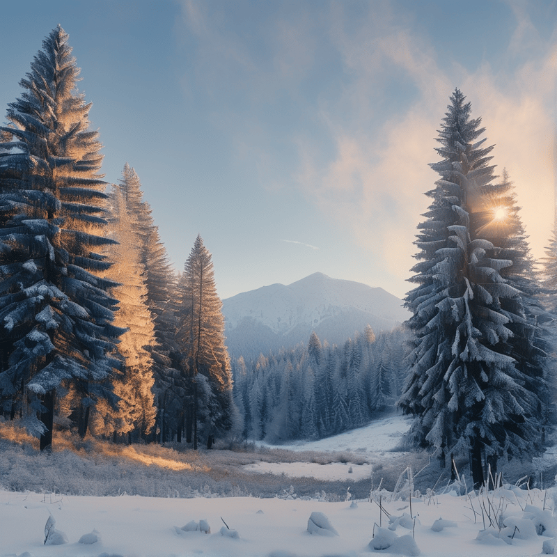 Tall evergreen trees covered in thick frost stand in a valley while golden sunlight filters through the branches near a mountain peak.