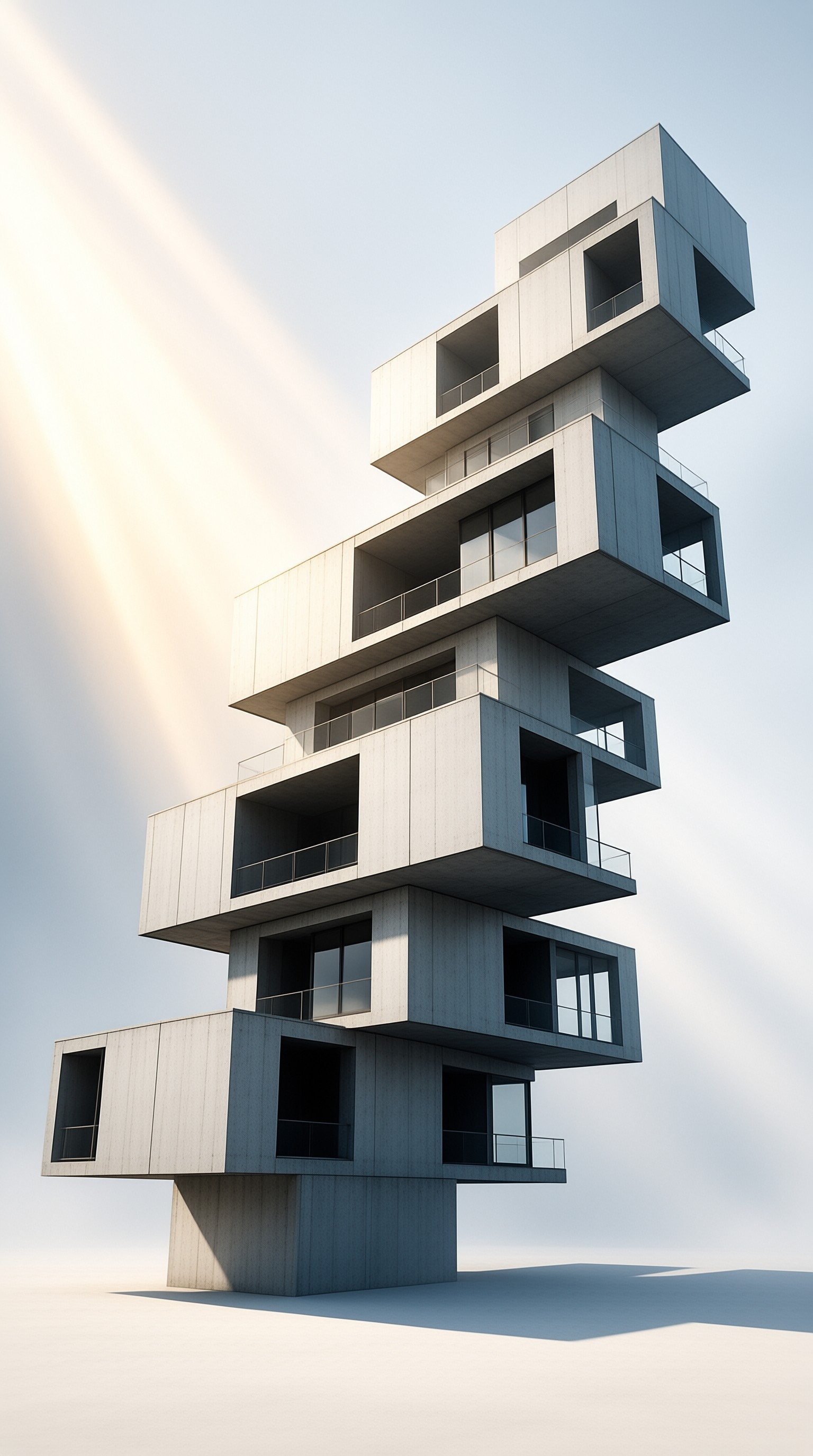 A tall structure of stacked grey concrete cubes stands against a pale sky with sunlight casting sharp shadows.