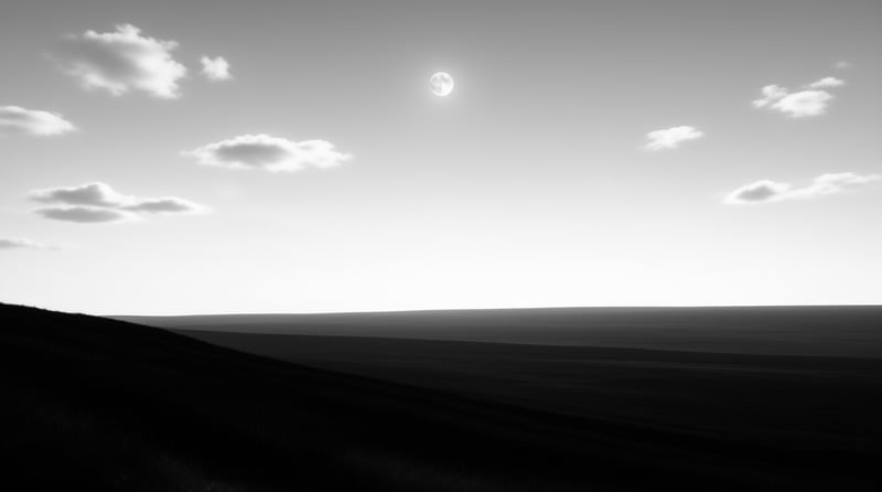 A bright full moon hangs in a cloudy sky above shadowed dark hills stretching to the horizon.