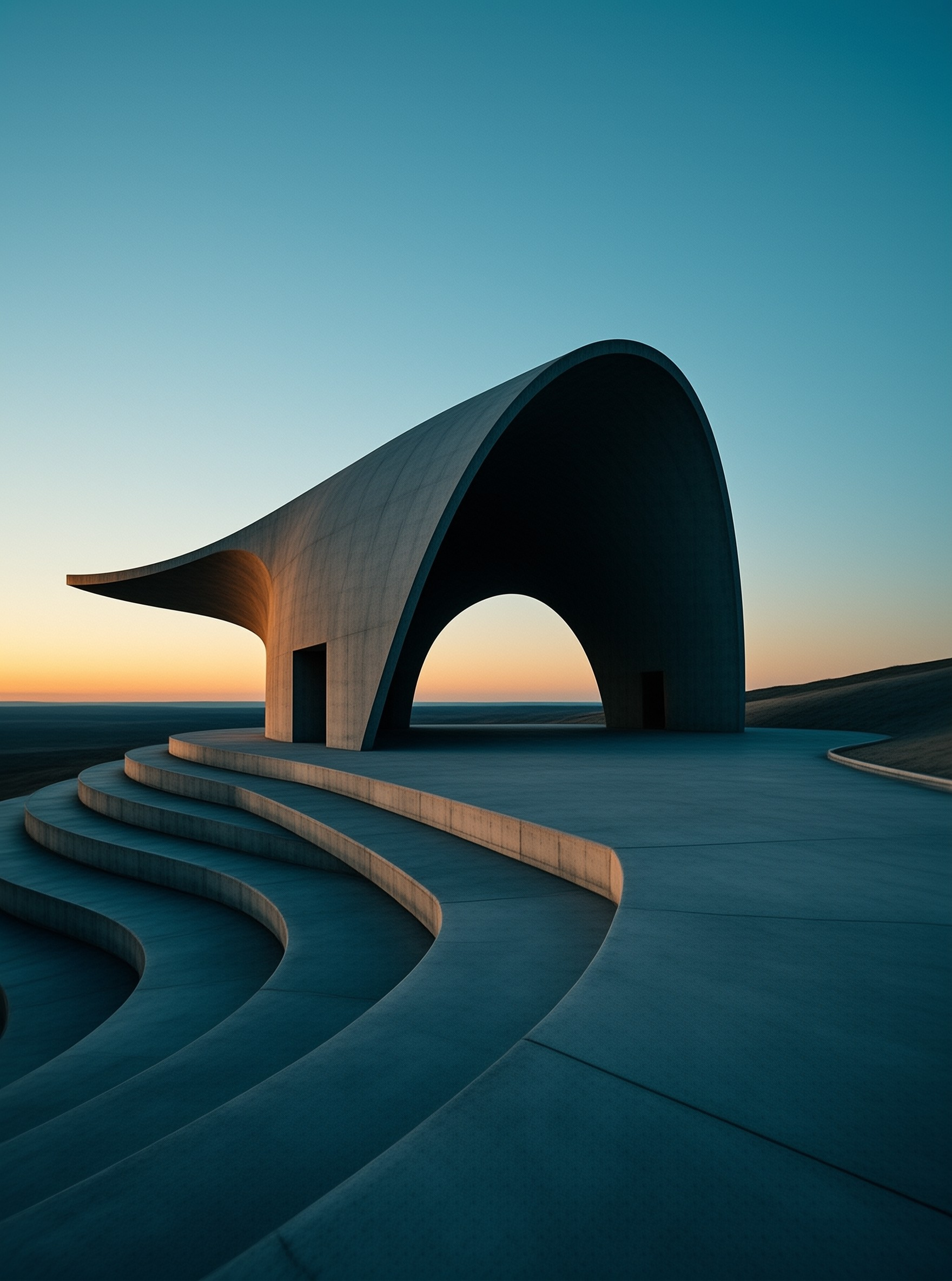 A minimalist concrete archway and curved steps sit on a flat expanse under a gradient blue hour sky.
