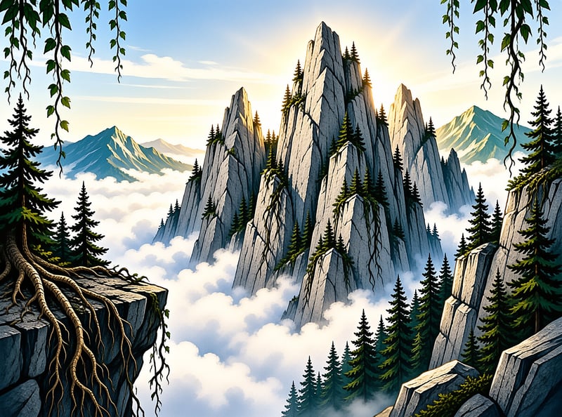 Jagged rock formations tower above white clouds with pine trees scattered across the cliffs under bright sunlight.