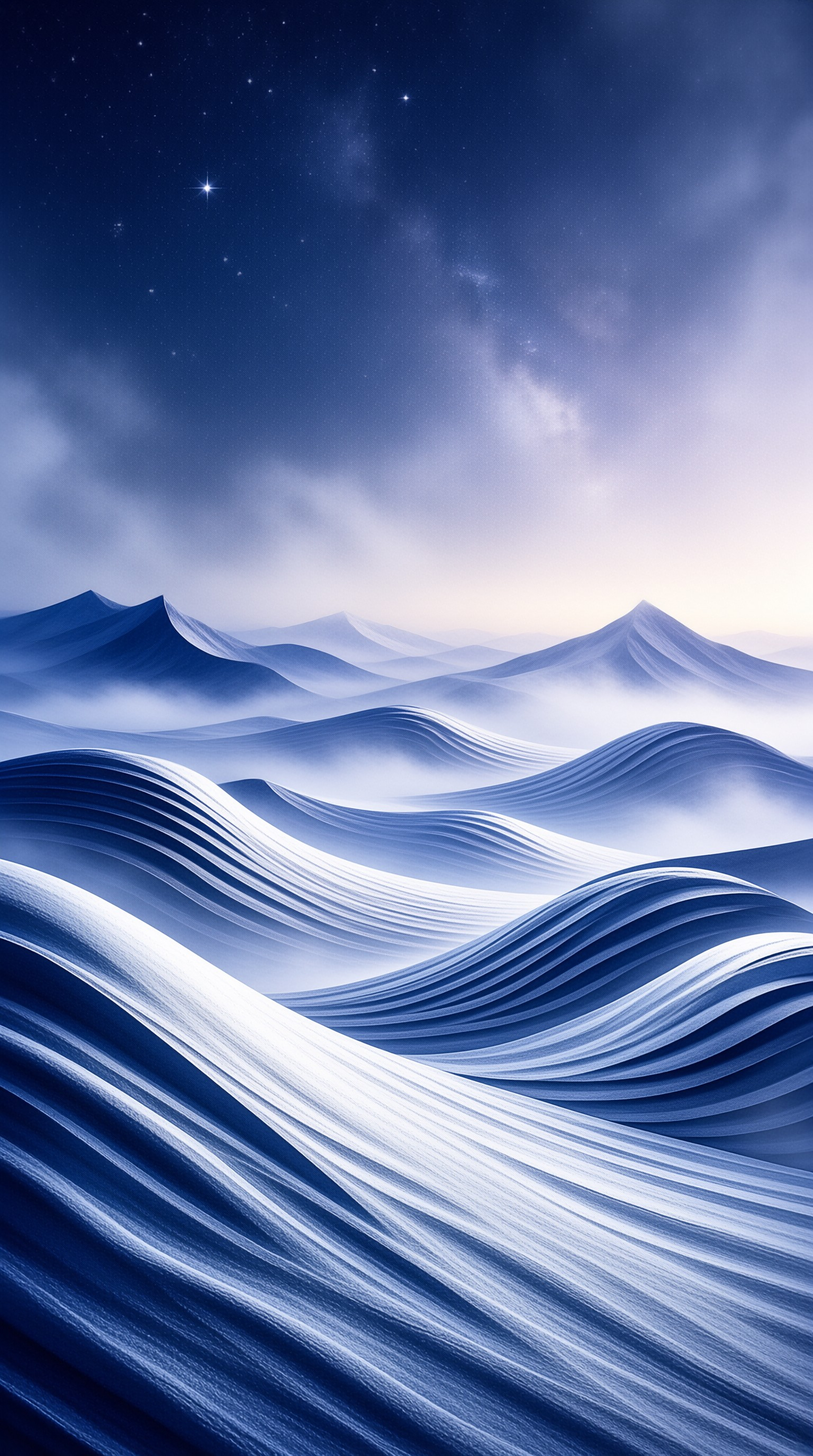 Flowing blue terrain and distant peaks meet a starry sky with a bright horizon.