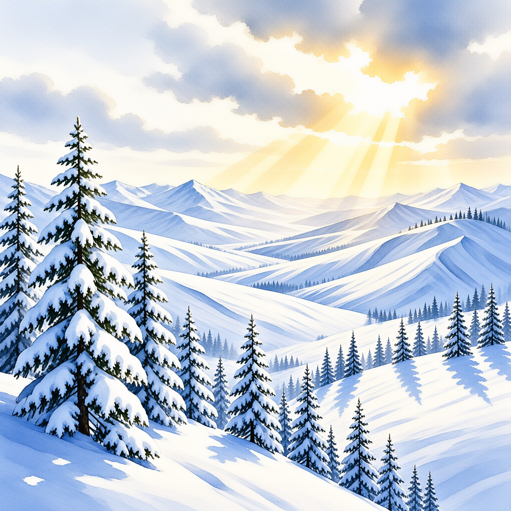 Snow covered pine trees stand on hills while bright golden rays break through clouds above distant mountains.