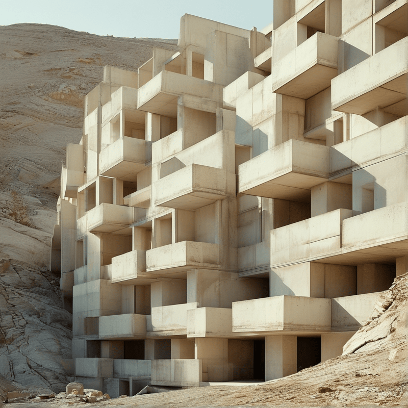 Modular concrete living units are built into sloping desert bedrock, with sharp dark shadows across their facades in bright sun.