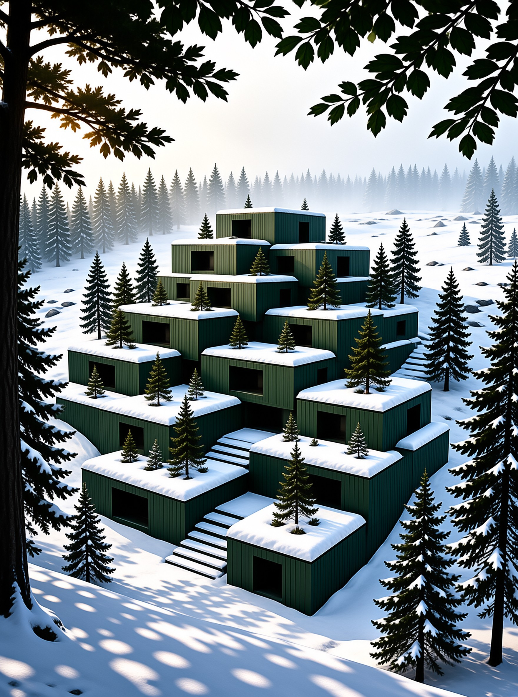 Stacked forest-green cabin blocks with snow-covered roofs climb a slope among frosted pines in a misty winter woodland