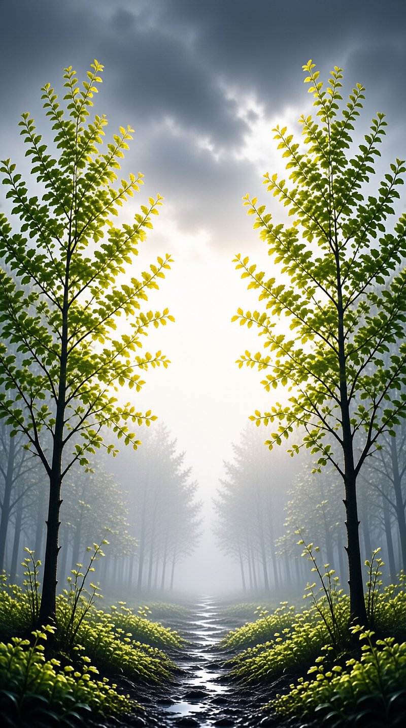 Two tall trees frame a dark path leading toward a bright sunlit opening in a foggy forest landscape.