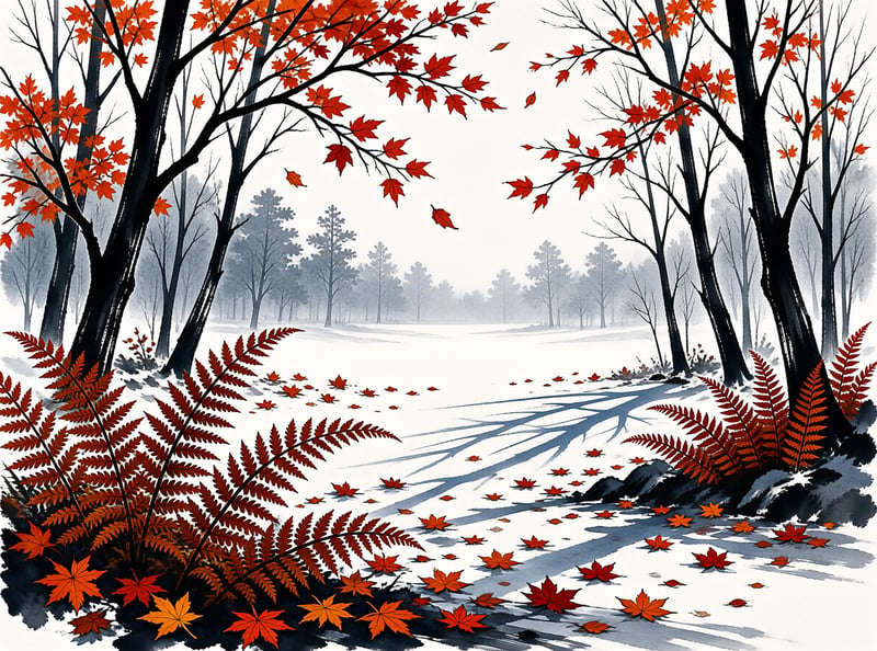 Stylized artwork showing a snow covered forest trail with dark trunks holding red leaves and rusty ferns growing at the base.