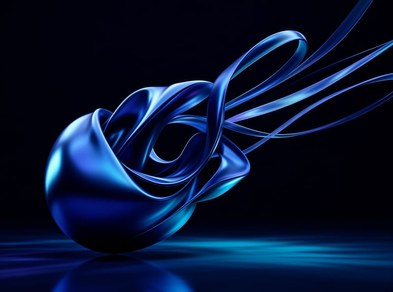 A rippling blue metallic shape curves into trailing tendrils above a reflective dark surface in cool bright light