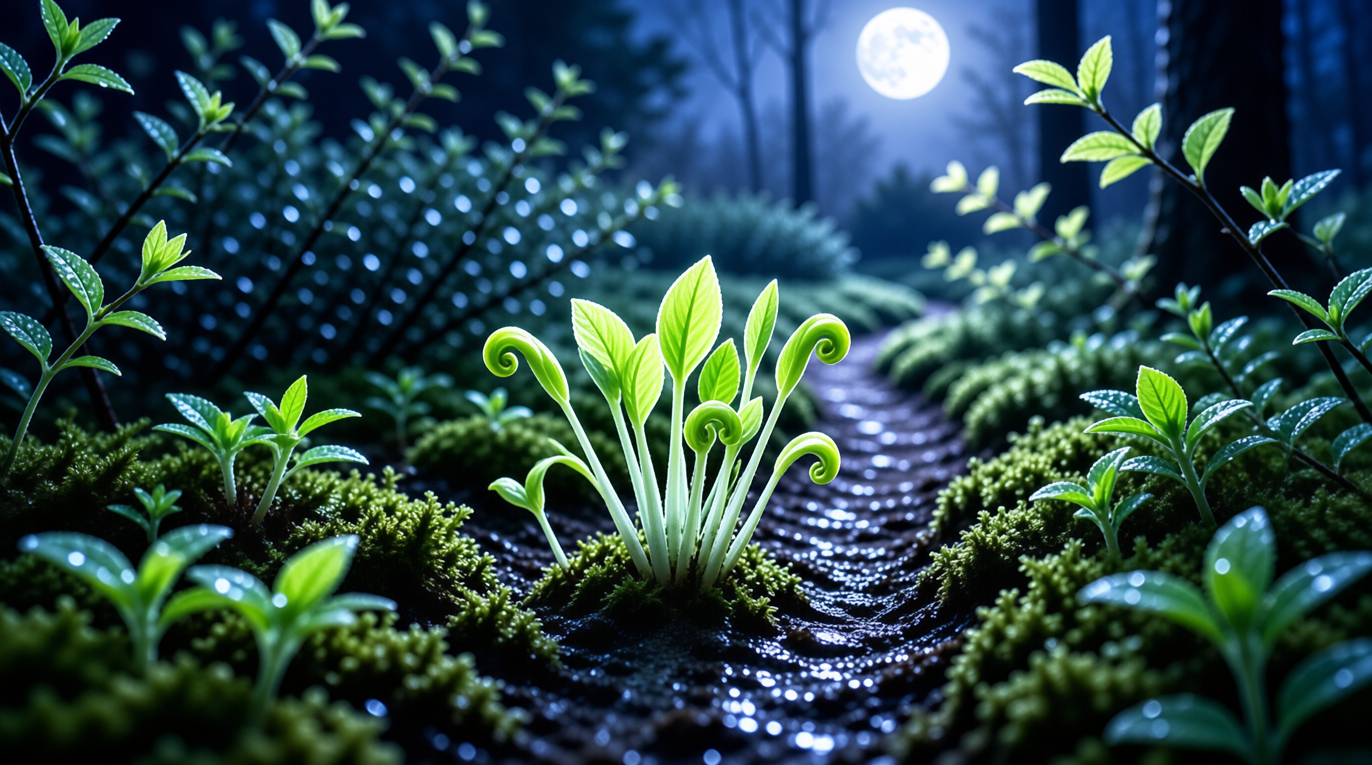 A young fern grows on a wet mossy forest path while a bright full moon illuminates the background trees.