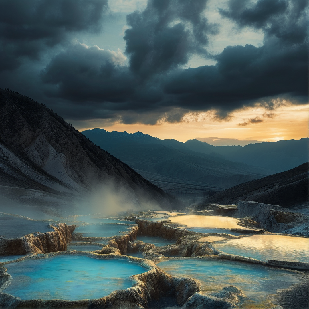 Stepped mineral pools filled with bright blue water glow beneath dark clouds as sunset light breaks over distant peaks.