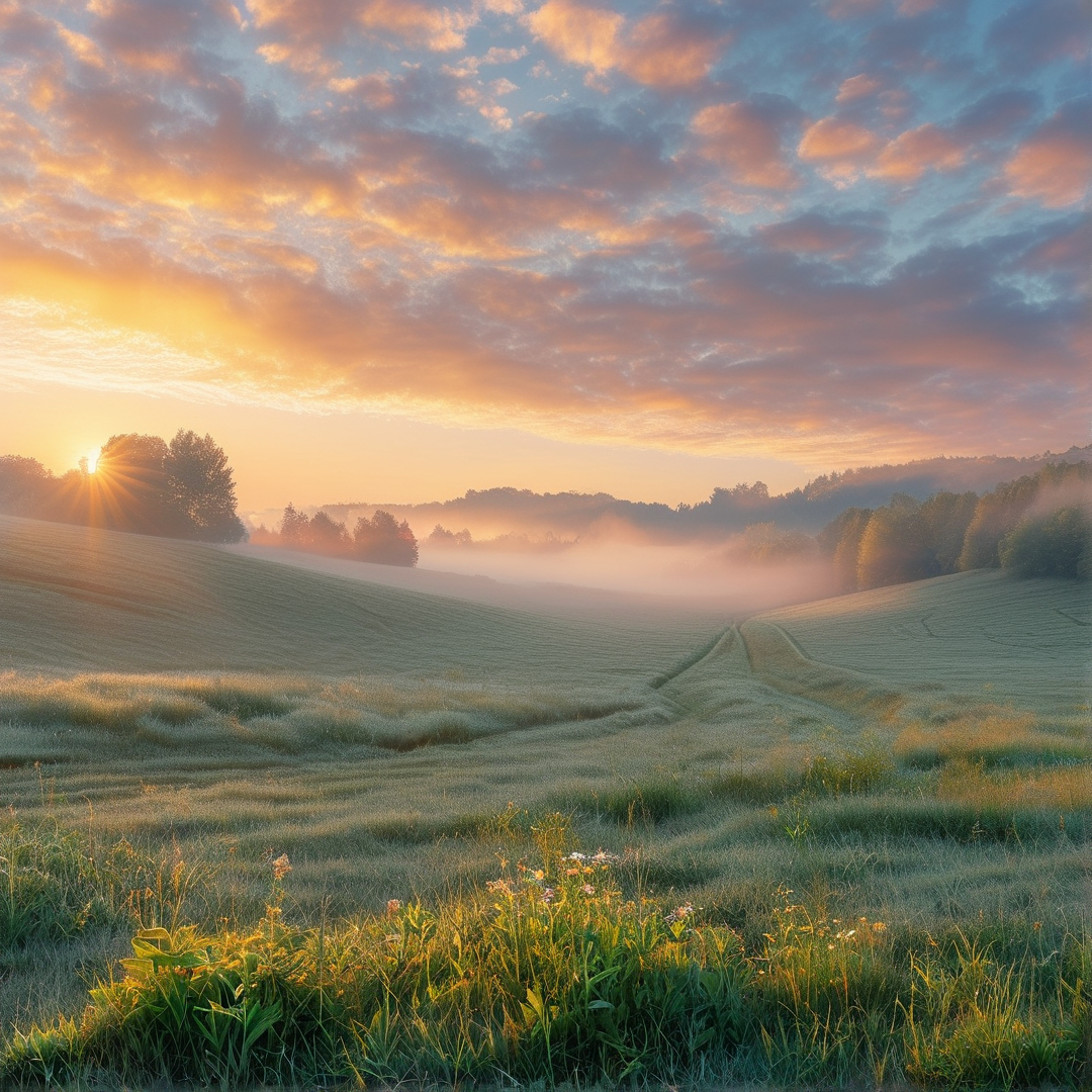 Sunrise Over Misty Hills