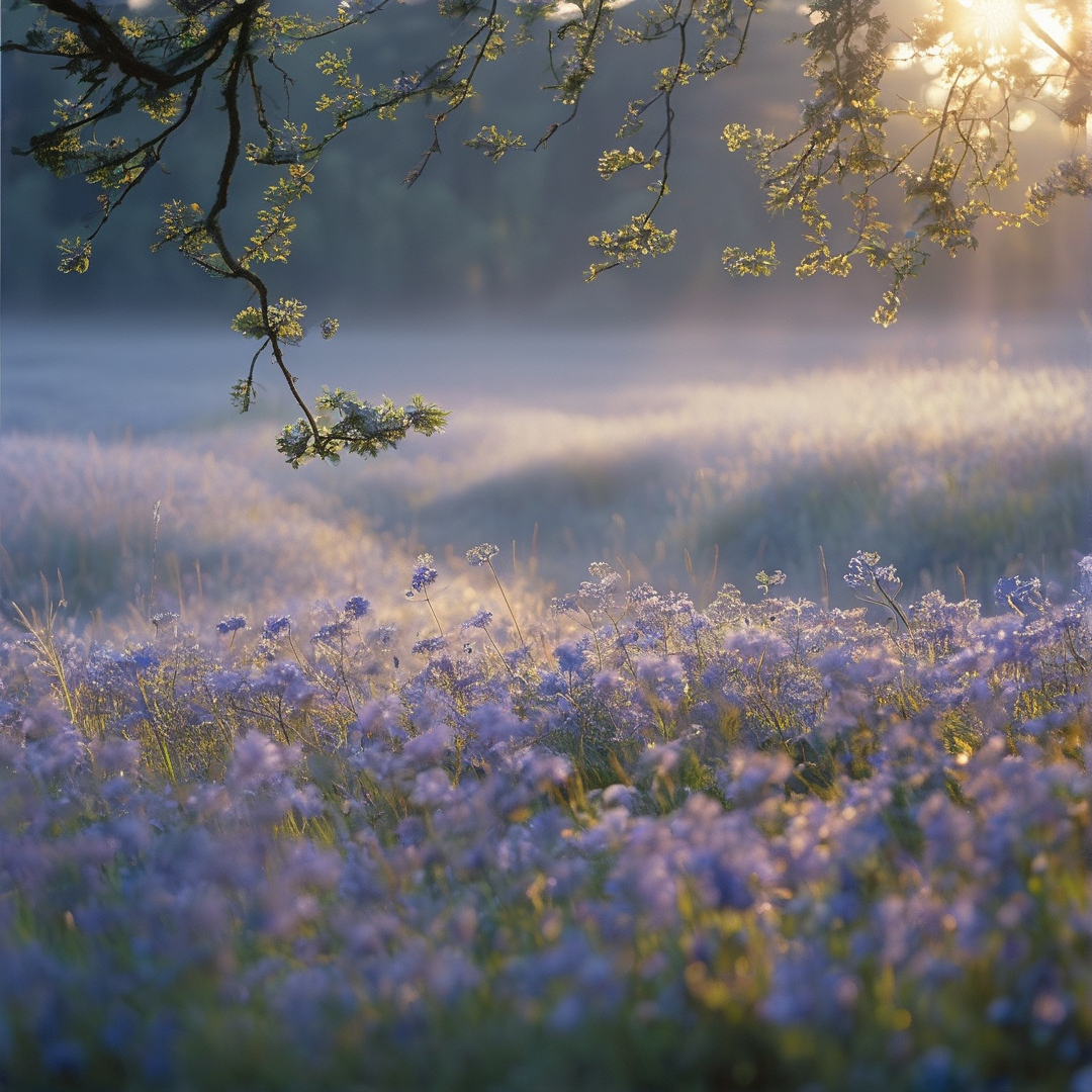 Sunlit Misty Flower Field