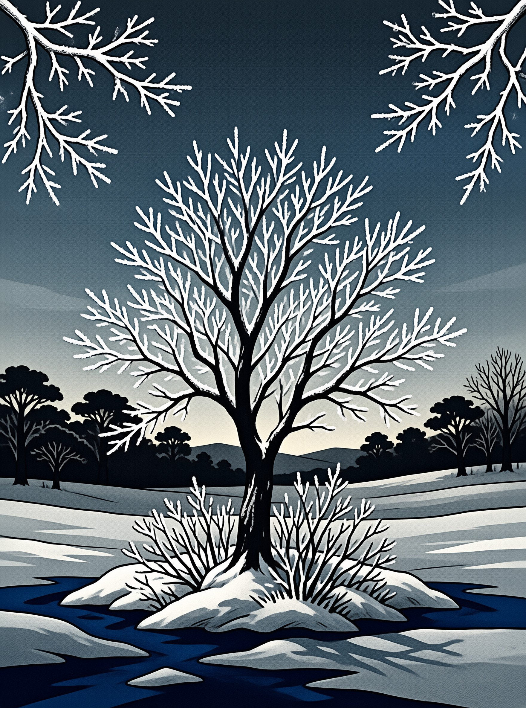 A solitary frost covered tree stands in a snowy field under a dark blue twilight sky with overhanging branches.