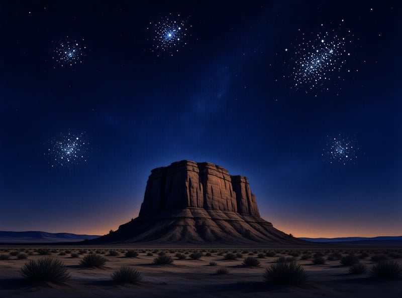 A massive butte rises from the desert floor beneath a deep blue night sky scattered with bright star clusters.