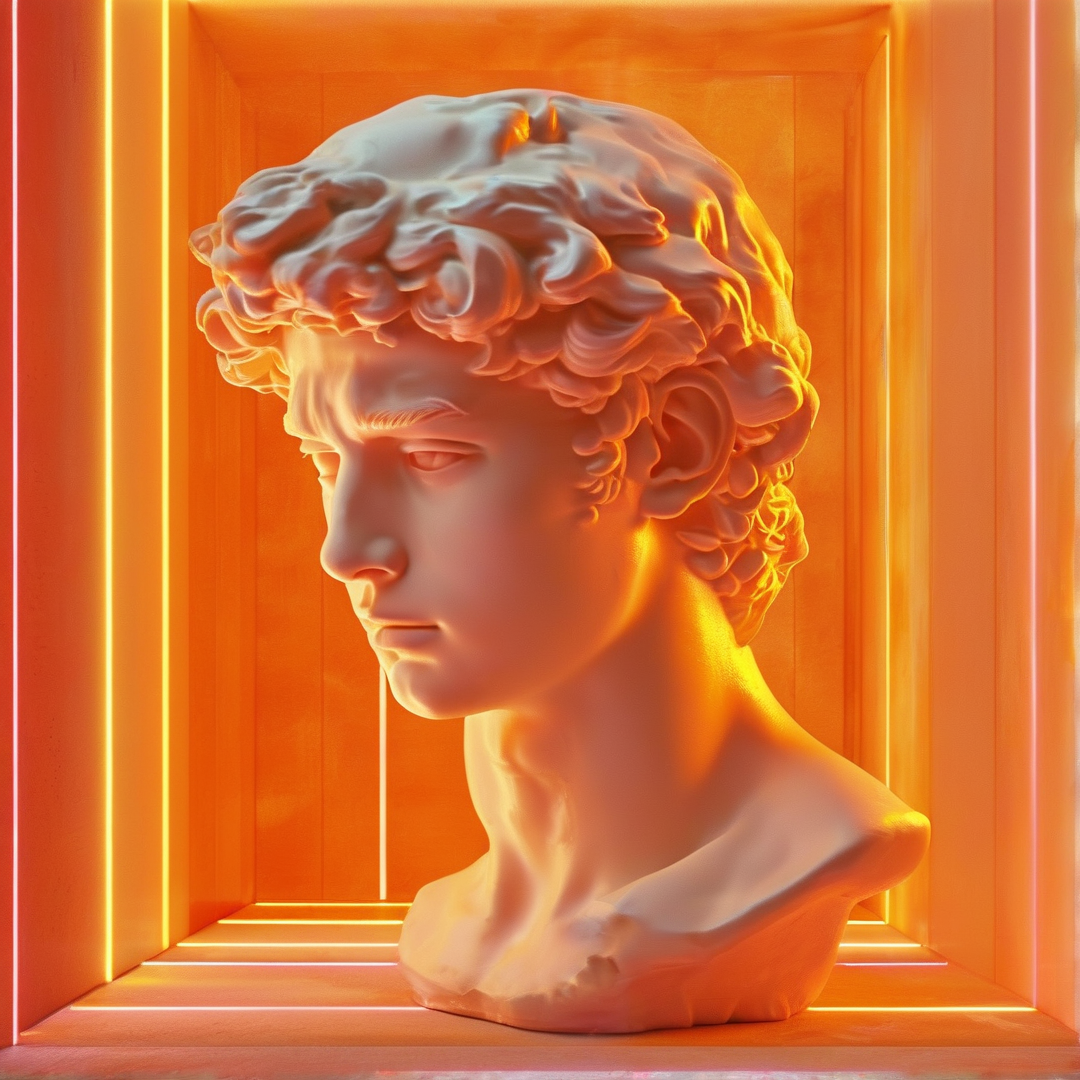 A white sculpted head with curly hair rests inside a rectangular space illuminated by intense orange neon lines.