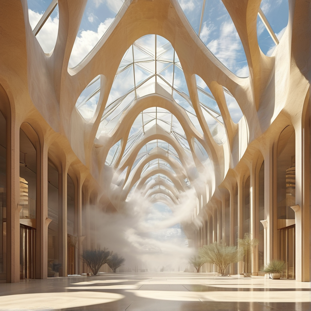 An expansive interior featuring organic curved columns beneath a transparent roof with drifting clouds and warm sunlight