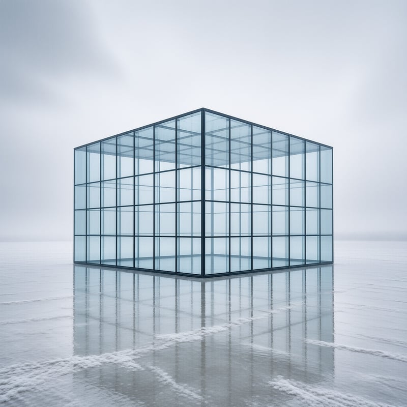 A transparent framed glass cube sits on a shallow reflective wet salt flat under a hazy foggy overcast sky with soft cool diffused light