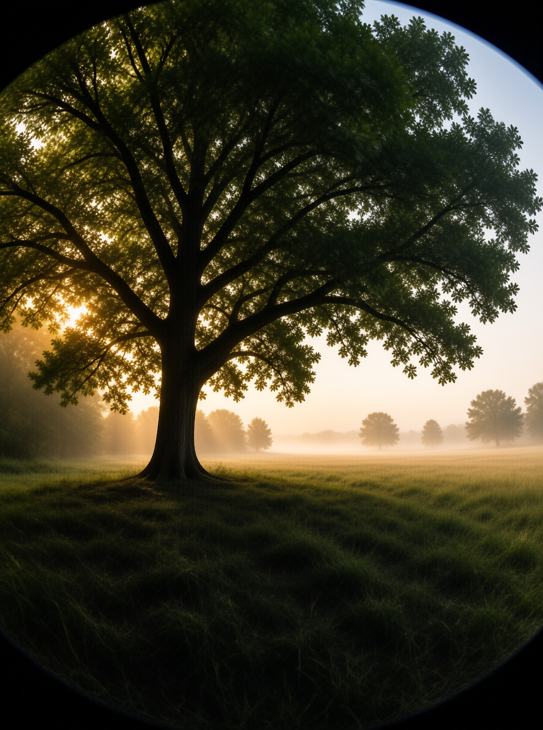 Sunlit Tree in Morning Mist