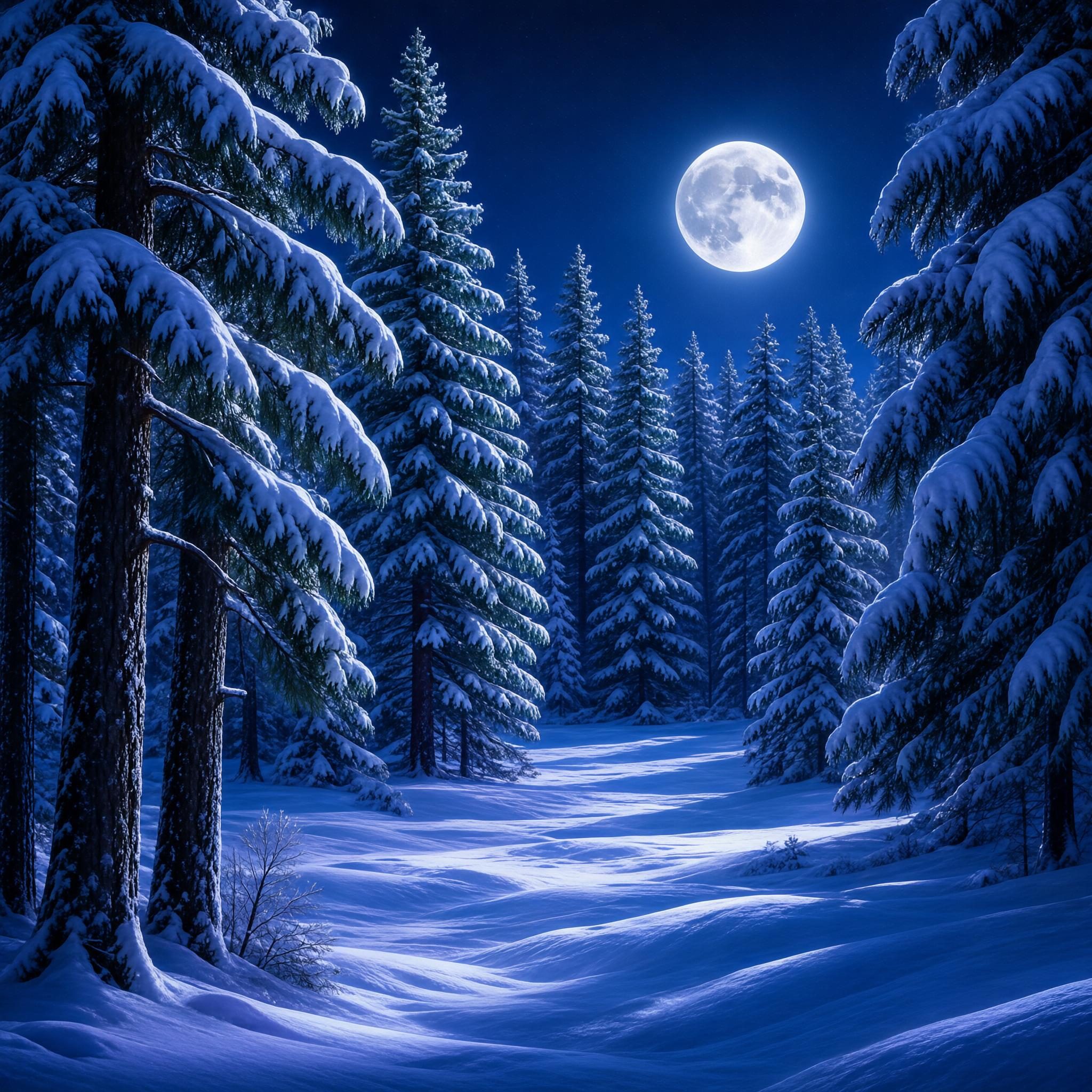 Winter Night in Snowy Forest