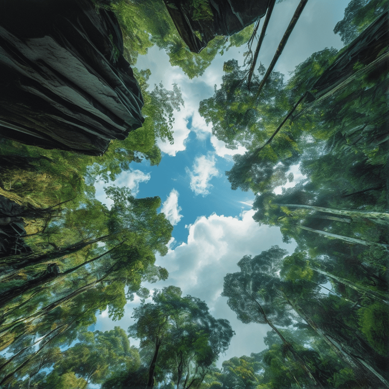 A worm's-eye view through a lush green forest looking up at a bright blue sky with white clouds.