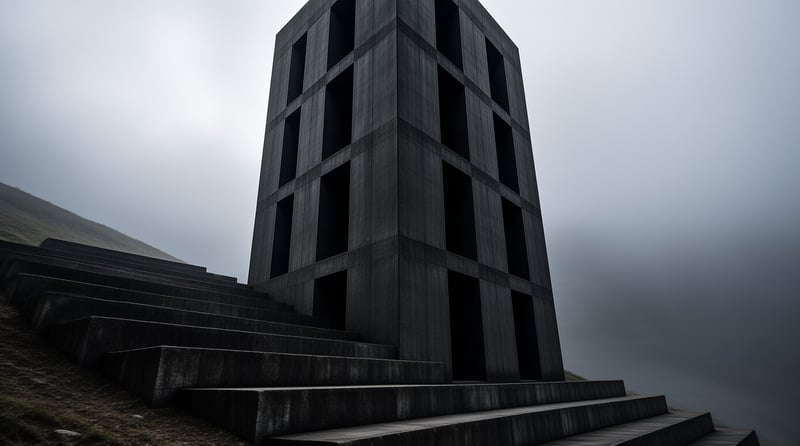 A tall brutalist concrete structure with a stepped stairway sits on a grassy hillside under a uniformly overcast grey sky.