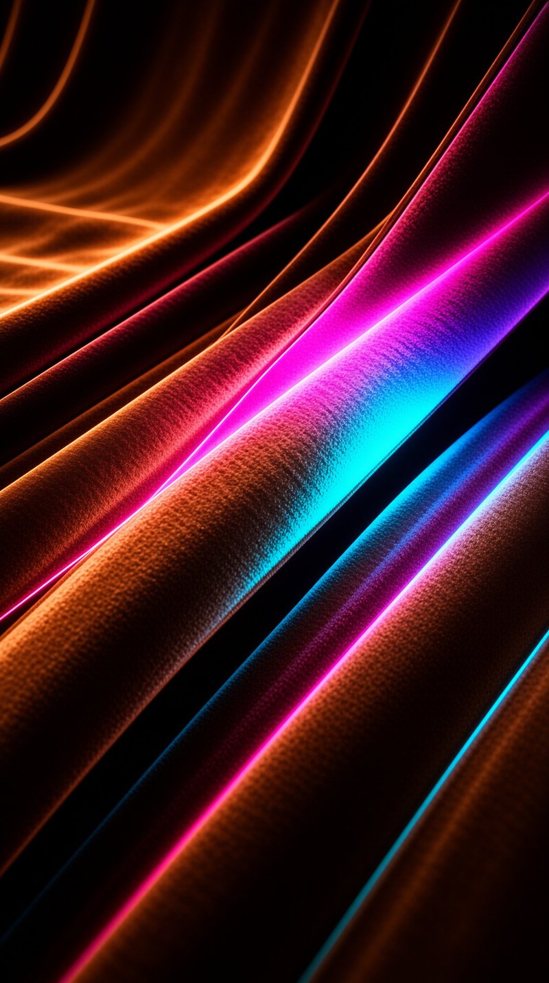Glowing ribbons of magenta, cyan and amber flow across dark textured wave-like surfaces in this abstract render.