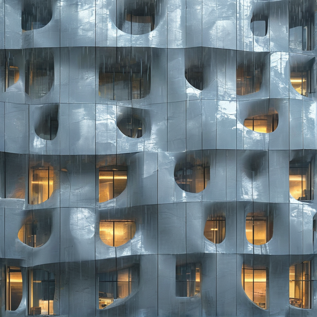 Silver metallic building facade with undulating curves and organic-shaped windows emitting warm yellow light from inside.
