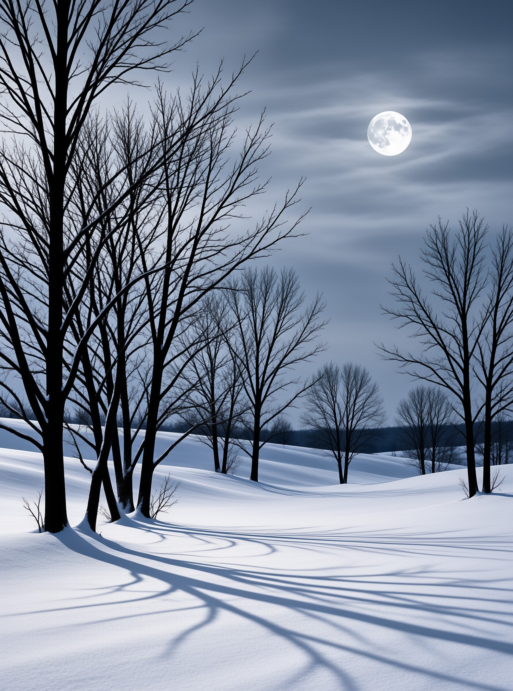 Leafless trees throw long blue shadows across a pristine snowfield beneath a luminous full moon and soft clouds.