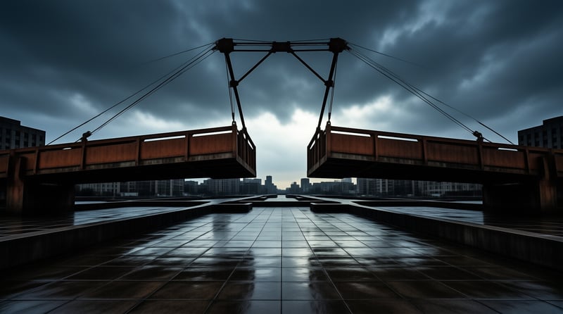 Two rusted bridge halves hang apart over a rain-slick plaza beneath heavy storm clouds.
