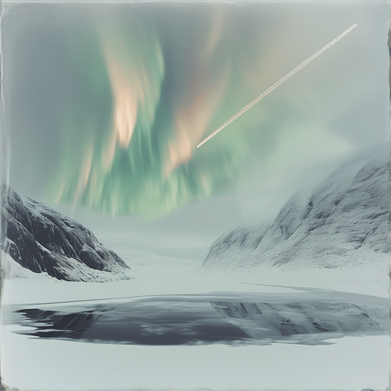 A bright streak crosses a green aurora sky above snow covered mountains reflecting in a calm lake below.