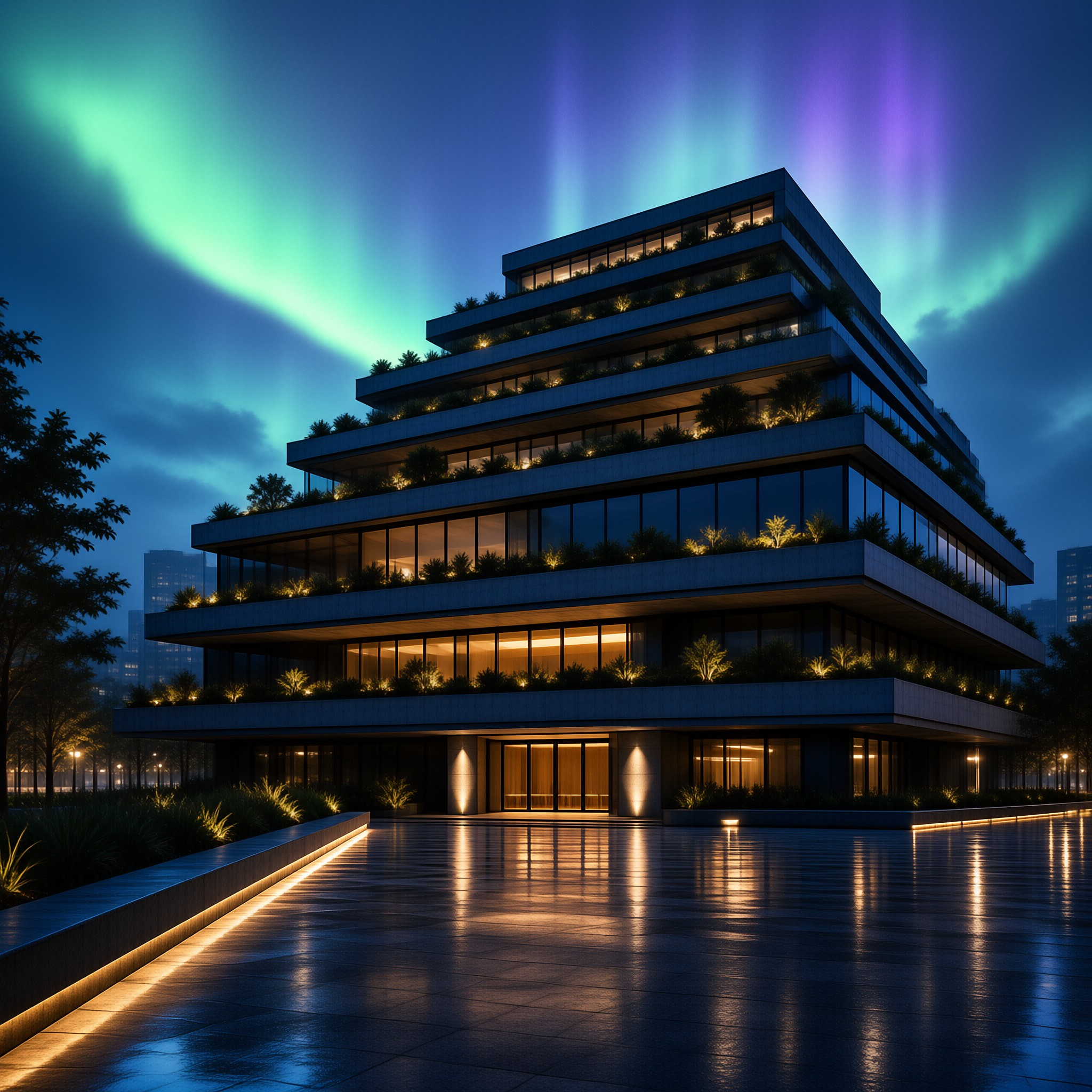 Modern Building Under Aurora