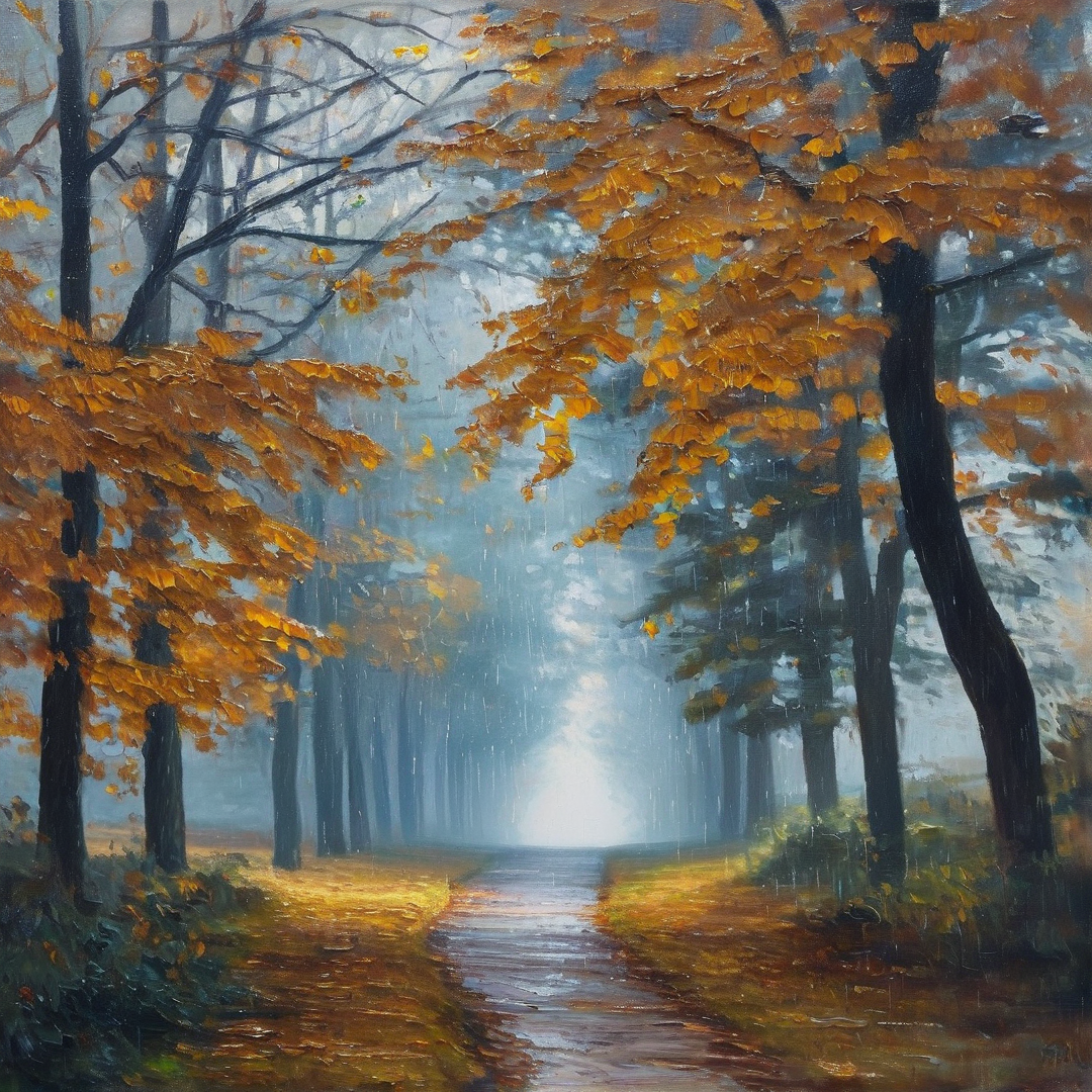 Wet trail winding through dense woodland with orange foliage and soft light glowing from the misty distance.