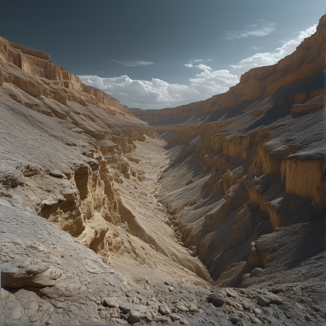 A deep dry canyon cuts through eroded earth with layered walls under a partly cloudy blue sky.