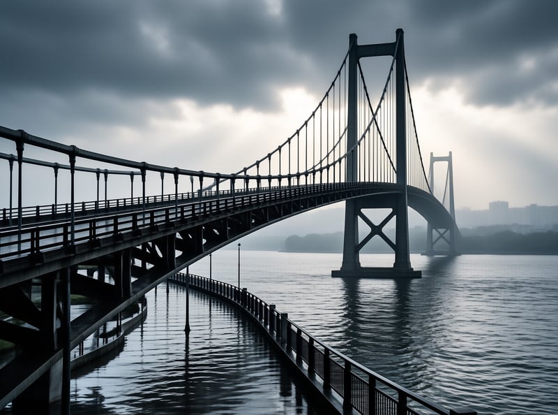 A long steel suspension bridge curves over calm water beneath heavy storm clouds with a city faint in the haze.