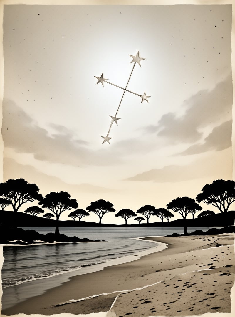 A vintage style artwork displaying connected geometric stars floating within a moody overcast sky hovering above a sandy coastline bordered by dark foliage and gentle waves washing onto the shore.
