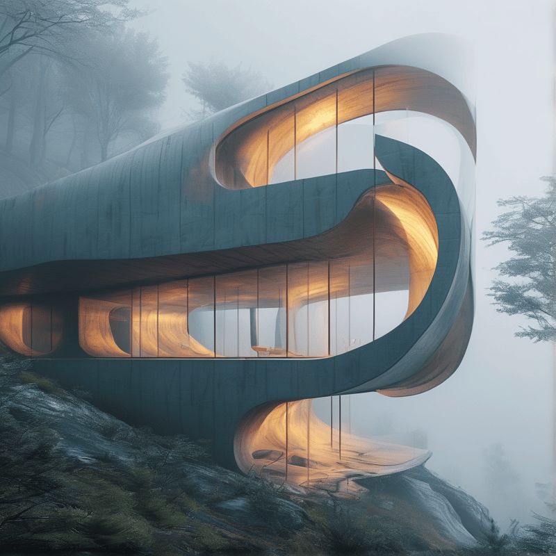 A curved concrete building with warm glowing windows rests on a misty forested hillside surrounded by fog.