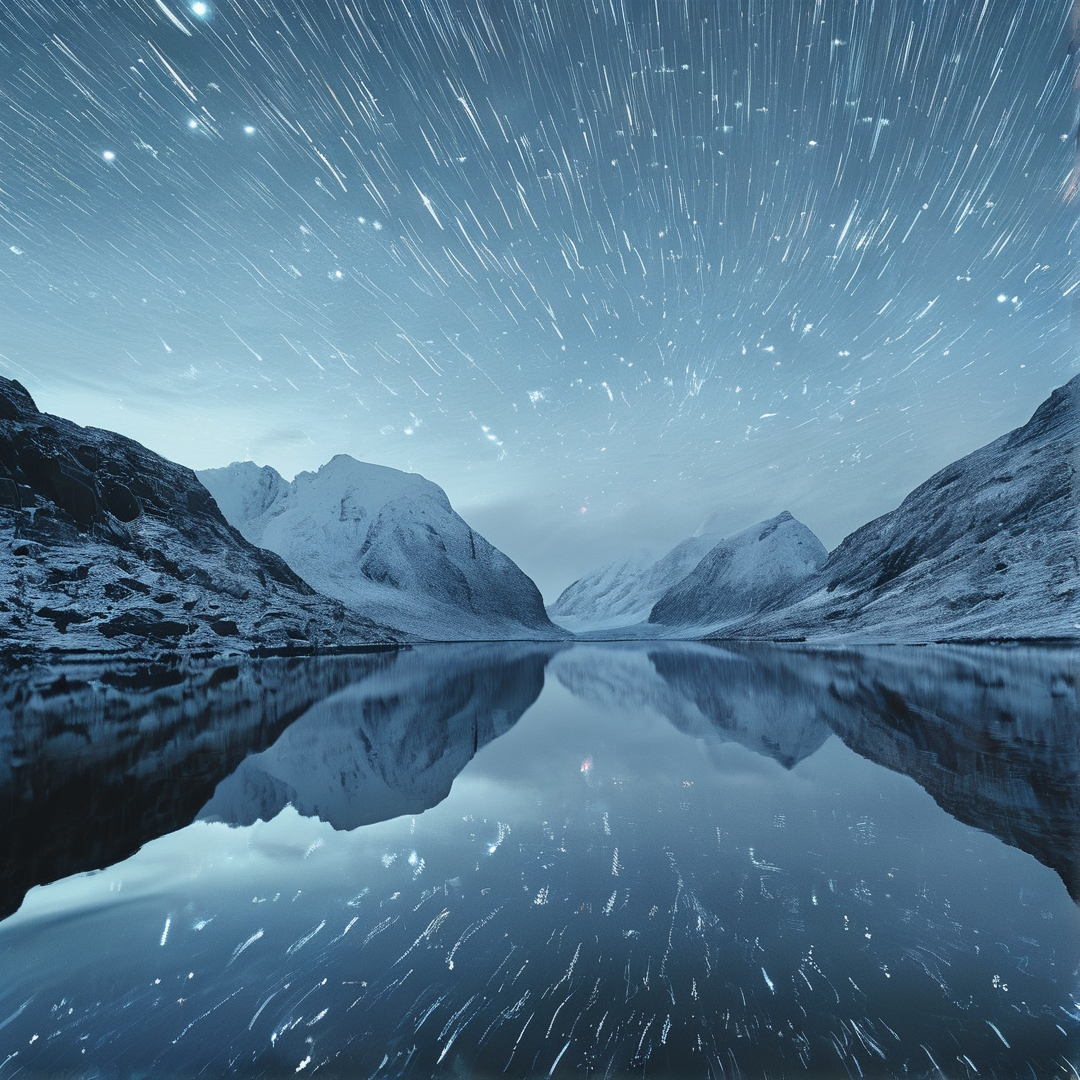 A still lake mirrors snow-covered mountains while star trails arc across the deep blue night sky.