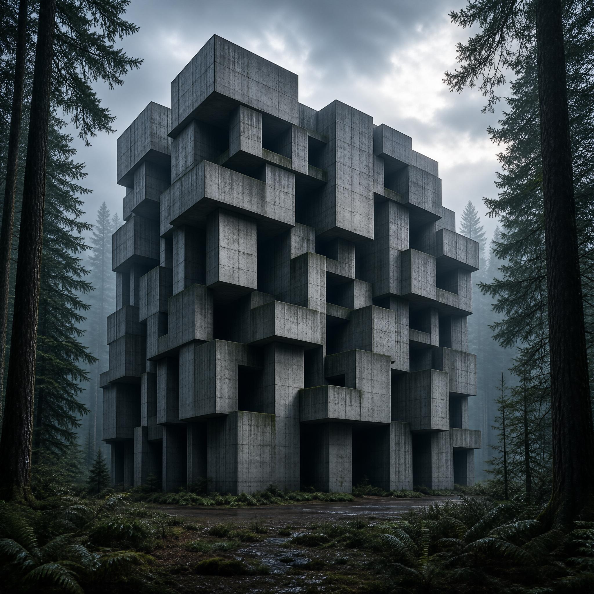Concrete Block Tower in Forest