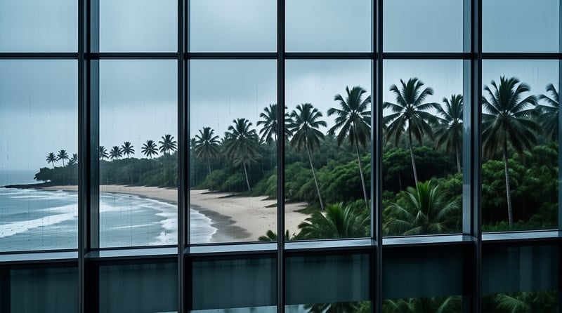 Sandy beach and palm trees viewed through a large window grid during a rainy storm with blue grey light.