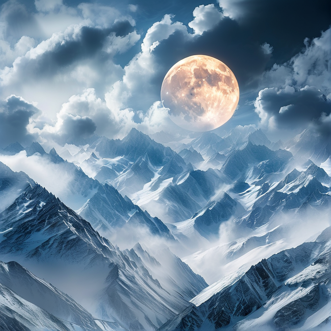 Giant Moon Over Snowy Peaks
