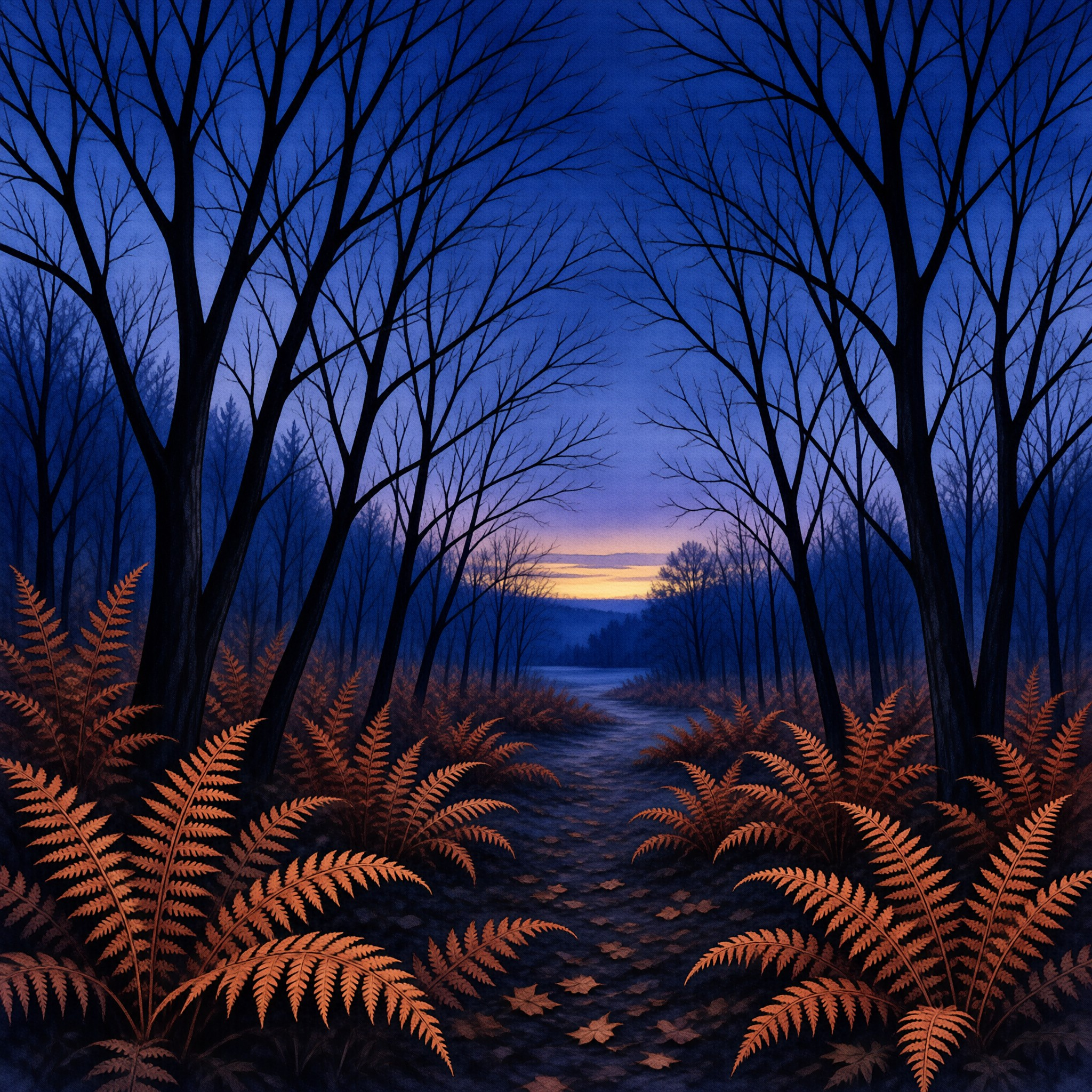 A painted woodland trail leads toward a sunset glow between bare trees and bright orange ferns