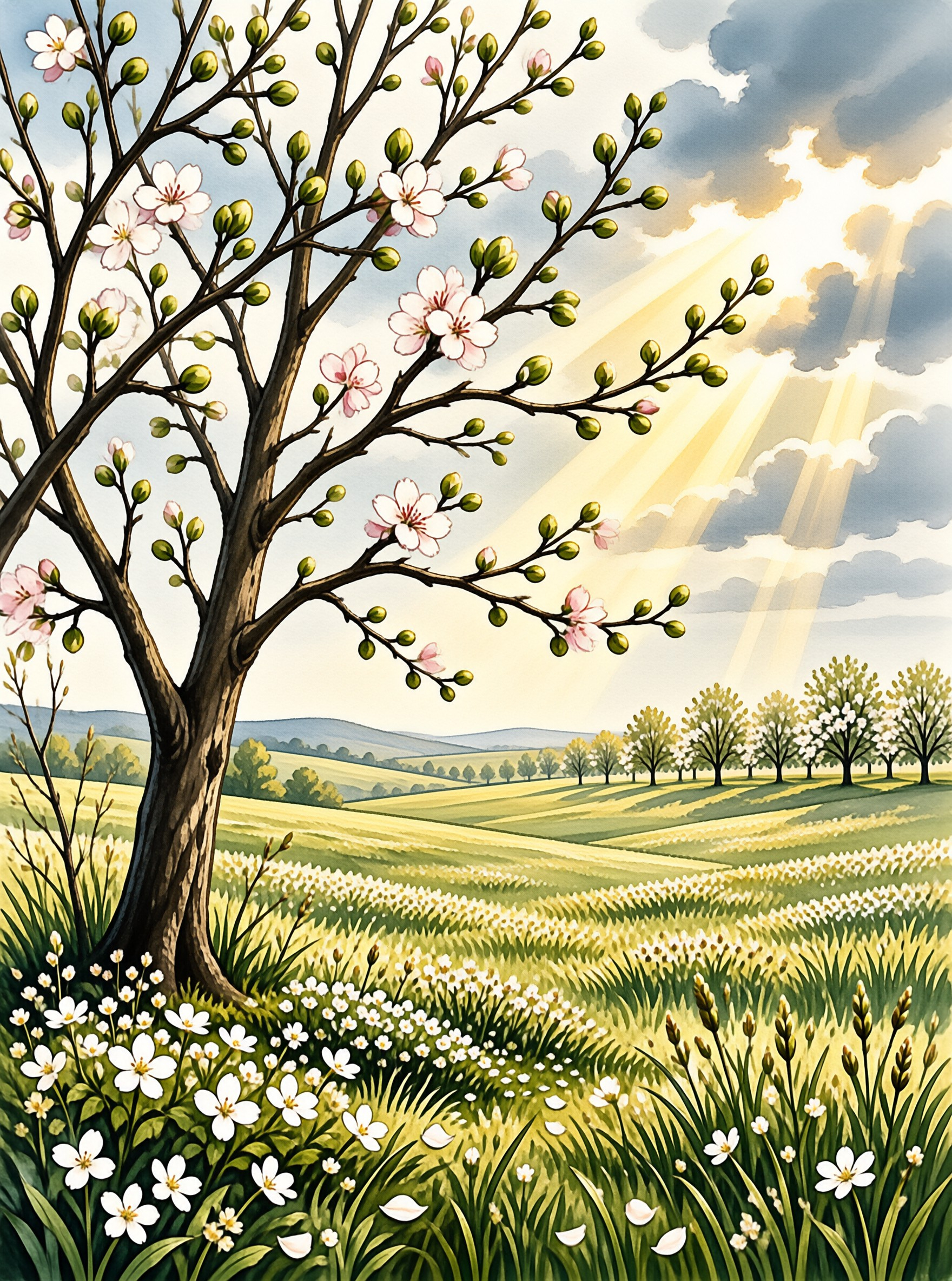 A flowering orchard tree stands above green fields and white blossoms while sunbeams break through clouds.