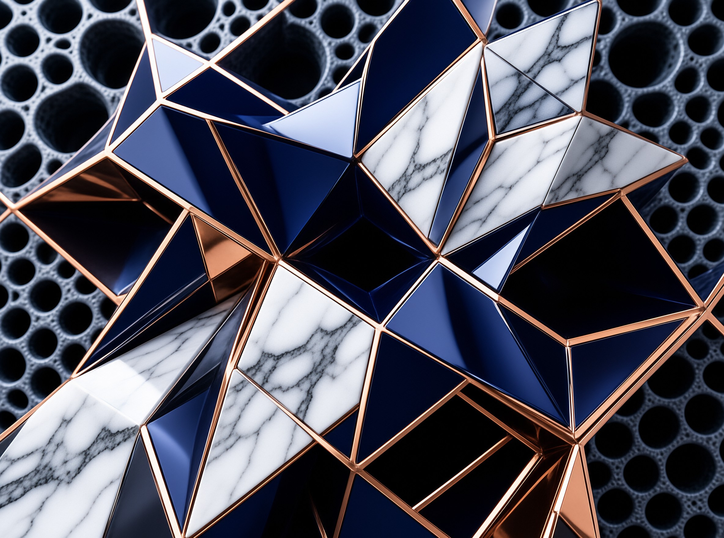 A faceted sculpture combines glossy blue, white marble, and copper accents against a dark perforated background.