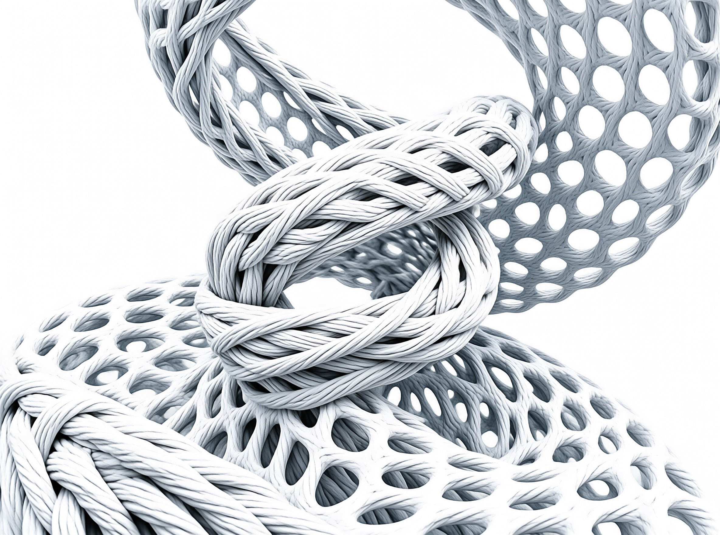 A white 3d structure showing a twisted rope knot intertwined with a porous lattice grid on a plain background.