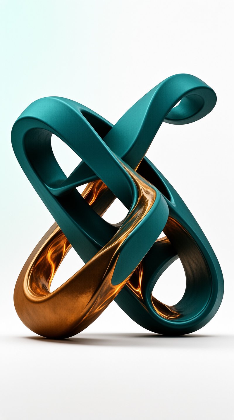 This interlocking twisted knot sculpture has matte teal outside and glossy copper inside, against a bright plain background.