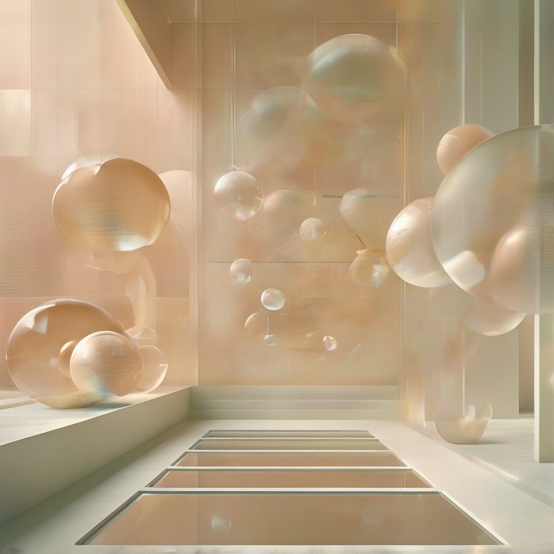 Pearlescent bubbles hover within a beige architectural space illuminated by diffuse warm light.